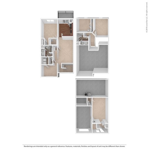 A floor plan of a building with multiple rooms and a staircase.